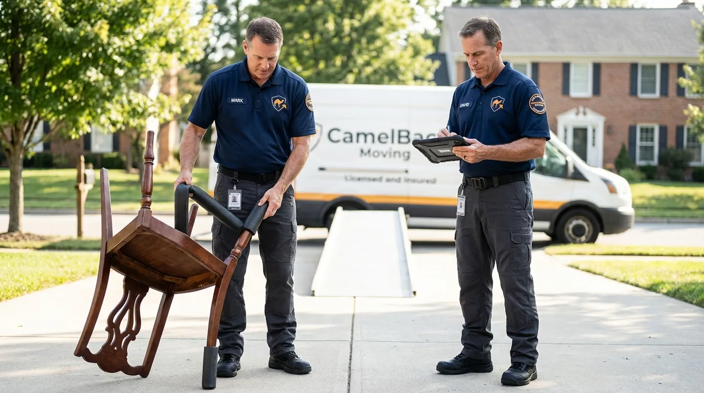 Movers inspecting furniture for damage prevention before loading in Charlotte, NC