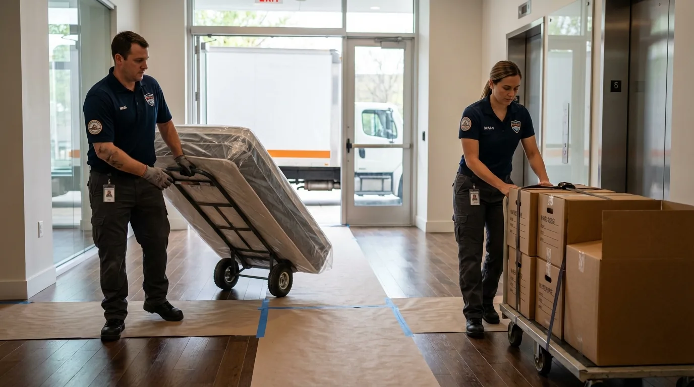 Professional apartment movers loading elevator in Charlotte, NC