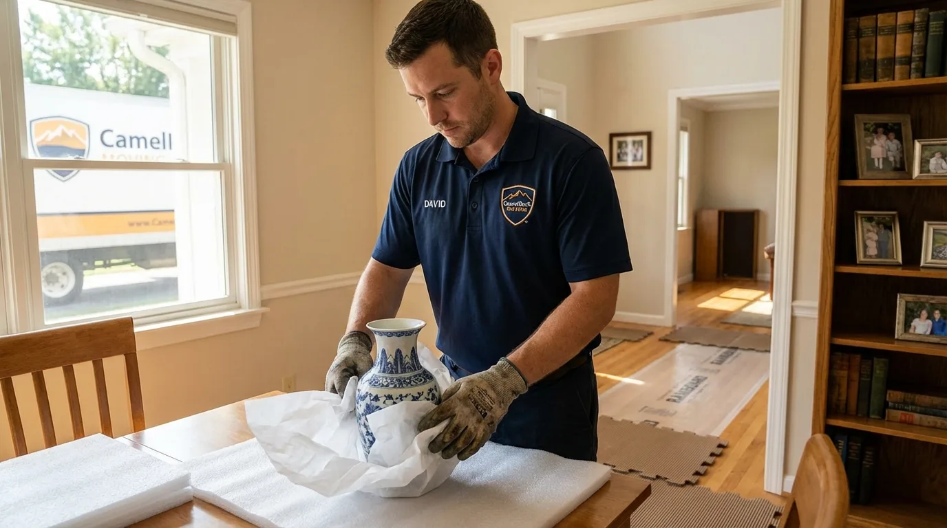 Professional crew carefully wrapping antique vase for senior downsizing move in Charlotte, NC